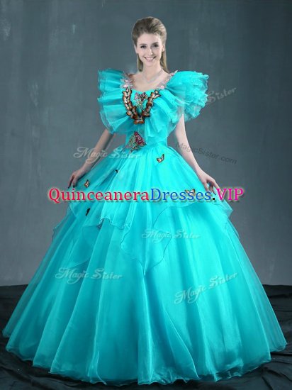Customized Floor Length Lace Up Quinceanera Gowns Aqua Blue for Military Ball and Sweet 16 and Quinceanera with Embroidery - Click Image to Close