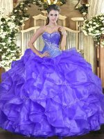 Floor Length Lace Up Ball Gown Prom Dress Lavender for Military Ball and Sweet 16 and Quinceanera with Beading and Ruffles