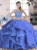 Flirting Blue Lace Up Scoop Beading and Ruffles Sweet 16 Quinceanera Dress Tulle Sleeveless(SKU SJQDDT2071002-2BIZ)