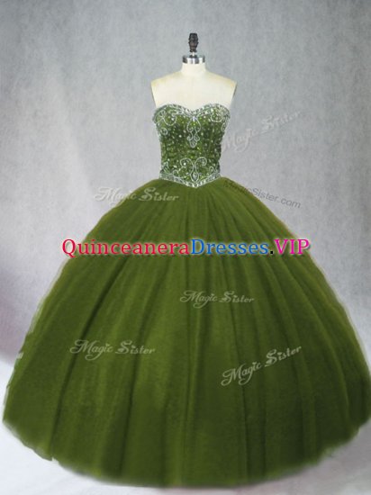 Olive Green Sleeveless Beading Floor Length Quince Ball Gowns - Click Image to Close