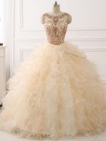 Superior Champagne Ball Gown Prom Dress Organza Sweep Train Sleeveless Beading and Ruffles