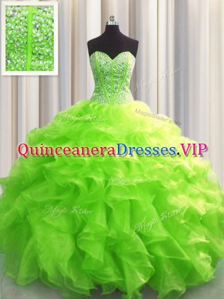 Fine Visible Boning Sleeveless Floor Length Beading and Ruffles Lace Up Quinceanera Dress