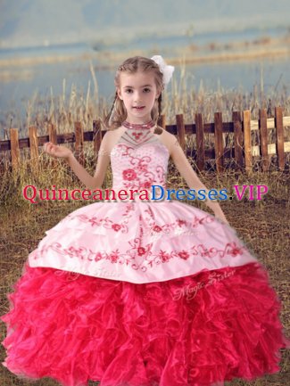 Attractive Coral Red Lace Up Halter Top Beading and Embroidery and Ruffles Little Girl Pageant Gowns Organza Sleeveless