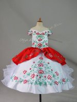 Off The Shoulder Sleeveless Lace Up Girls Pageant Dresses White And Red Satin and Organza