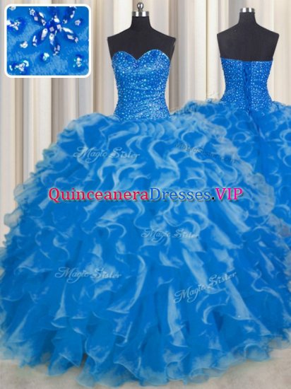 Eye-catching Blue Sleeveless Beading and Ruffles Floor Length Ball Gown Prom Dress - Click Image to Close