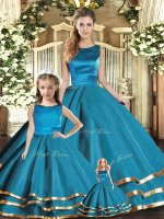 Teal Ball Gowns Tulle Scoop Sleeveless Ruffled Layers Floor Length Lace Up Quinceanera Dresses