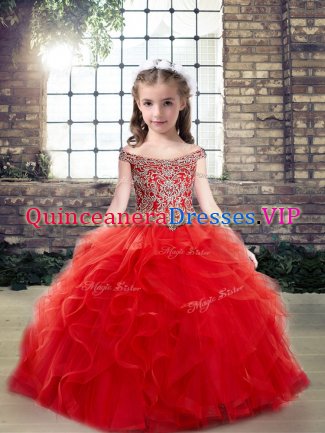 Floor Length Red Evening Gowns Tulle Sleeveless Beading and Ruffles