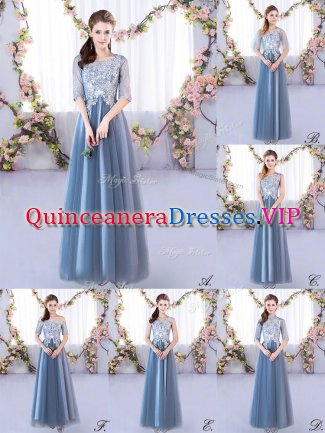 Blue Half Sleeves Tulle Lace Up Quinceanera Court of Honor Dress for Prom and Party and Wedding Party