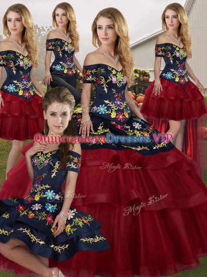 Wine Red Tulle Lace Up Sweet 16 Dresses Sleeveless Brush Train Embroidery and Ruffled Layers - Click Image to Close