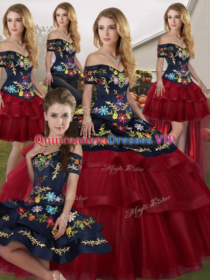 Wine Red Tulle Lace Up Sweet 16 Dresses Sleeveless Brush Train Embroidery and Ruffled Layers - Click Image to Close