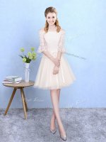 Glittering Champagne Tulle Lace Up Off The Shoulder Half Sleeves Knee Length Damas Dress Lace
