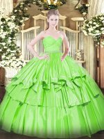Custom Designed Floor Length Quince Ball Gowns Organza Sleeveless Beading and Lace and Ruffled Layers