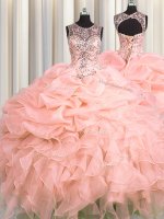 Comfortable See Through Ball Gowns Quinceanera Gown Pink Scoop Organza Sleeveless Floor Length Lace Up