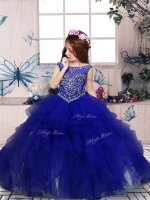 Super Organza Scoop Sleeveless Lace Up Beading and Ruffles Winning Pageant Gowns in Royal Blue
