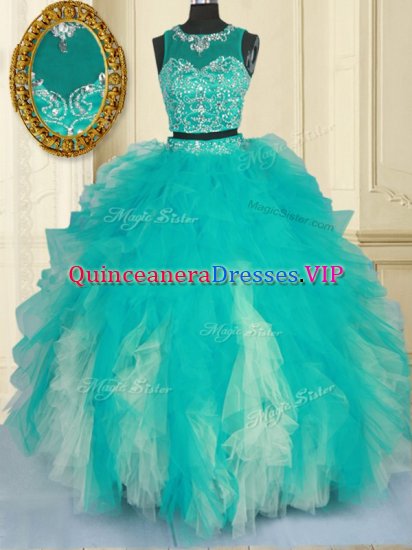 Pretty Scoop Turquoise Sleeveless Floor Length Beading and Ruffles Zipper Ball Gown Prom Dress - Click Image to Close