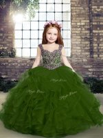 Olive Green Side Zipper Straps Beading and Ruffles Pageant Dresses Tulle Sleeveless