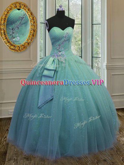Floor Length Lace Up 15 Quinceanera Dress Turquoise for Military Ball and Sweet 16 and Quinceanera with Beading and Ruching and Bowknot - Click Image to Close