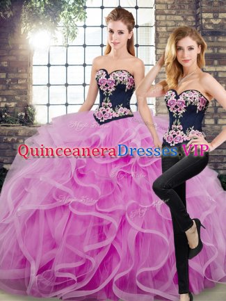 High End Sweetheart Sleeveless 15th Birthday Dress Floor Length Sweep Train Embroidery and Ruffles Lilac Tulle