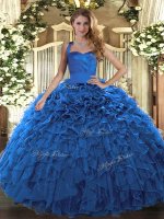 High Class Blue Ball Gowns Halter Top Sleeveless Organza Floor Length Lace Up Ruffles 15th Birthday Dress