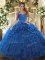 High Class Blue Ball Gowns Halter Top Sleeveless Organza Floor Length Lace Up Ruffles 15th Birthday Dress