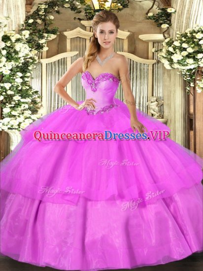 Sleeveless Tulle Floor Length Lace Up Sweet 16 Dresses in Lilac with Beading and Ruffled Layers - Click Image to Close