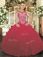Scoop Cap Sleeves Tulle Quinceanera Gown Beading and Appliques Lace Up(SKU SJQDDT1178002-1BIZ)