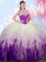 High End White And Purple Zipper High-neck Beading and Ruffles Sweet 16 Dresses Tulle Sleeveless