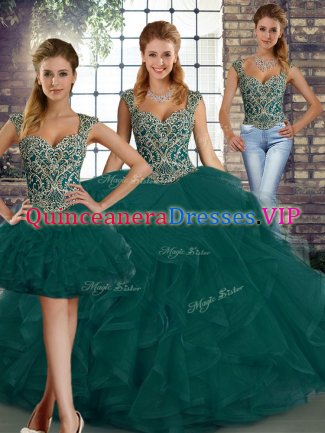 Cheap Beading and Ruffles Sweet 16 Quinceanera Dress Peacock Green Lace Up Sleeveless Floor Length