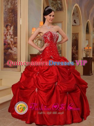 Nelson Lancashire Affordable Red Beading and Embroidery Decorate Bodice Quinceanera Dress Strapless Taffeta Ball Gown