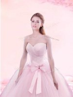Trendy Baby Pink Sleeveless With Train Ruching and Bowknot Lace Up Quinceanera Gowns