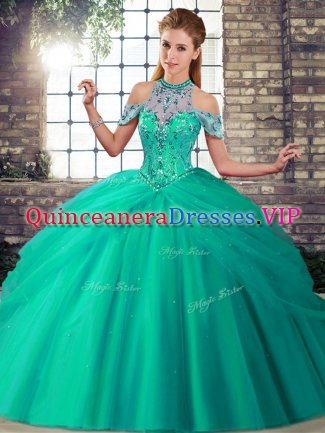 Delicate Sleeveless Tulle Brush Train Lace Up Quinceanera Dress in Turquoise with Beading and Pick Ups