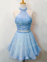 Excellent Blue Lace Up Halter Top Beading Quinceanera Dama Dress Organza Sleeveless(SKU SWBD146-3BIZ)