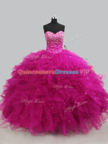 New Arrival Fuchsia Sweetheart Lace Up Beading and Ruffles Ball Gown Prom Dress Sleeveless - Click Image to Close