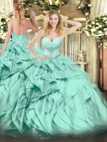 Captivating Turquoise Organza Lace Up Sweetheart Sleeveless Floor Length 15 Quinceanera Dress Beading and Ruffles