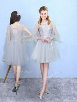 Knee Length Silver Quinceanera Court Dresses Tulle Half Sleeves Lace(SKU BMT0334A-1BIZ)