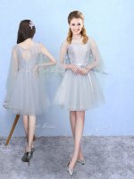 Knee Length Silver Quinceanera Court Dresses Tulle Half Sleeves Lace