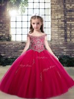 Attractive Floor Length Hot Pink Little Girls Pageant Gowns Scoop Sleeveless Lace Up