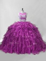 Dynamic Scoop Sleeveless Organza Quince Ball Gowns Beading and Ruffles Brush Train Zipper