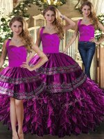 Three Pieces Sweet 16 Quinceanera Dress Fuchsia Halter Top Organza Sleeveless Floor Length Lace Up(SKU SJQDDT1639007BIZ)
