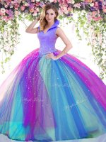 Trendy Multi-color Backless High-neck Beading Ball Gown Prom Dress Satin and Tulle Sleeveless