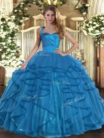 Teal Lace Up Halter Top Ruffles Quinceanera Dress Tulle Sleeveless