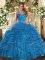 Teal Lace Up Halter Top Ruffles Quinceanera Dress Tulle Sleeveless
