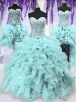 Four Piece Light Blue Sleeveless Floor Length Ruffles and Sequins Lace Up Sweet 16 Dresses