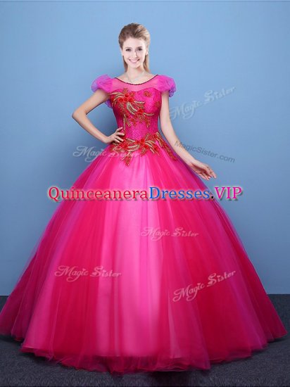 Fashion Scoop Short Sleeves Tulle Floor Length Lace Up Sweet 16 Quinceanera Dress in Hot Pink with Appliques - Click Image to Close