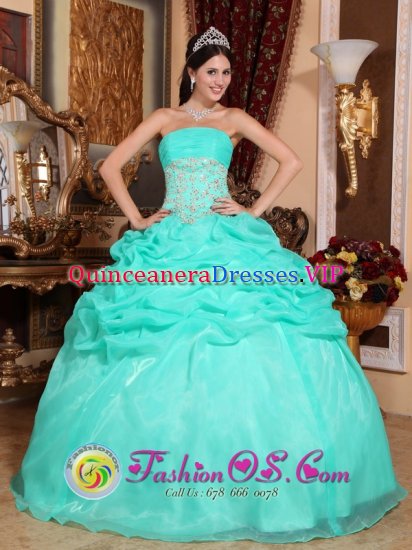 Stylish Turquoise Organza Quinceanera Dress With Strapless Appliques And Ruffles Decorate In Rockford Michigan/MI - Click Image to Close