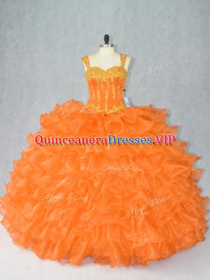 Luxurious Sleeveless Organza Floor Length Lace Up Sweet 16 Dresses in Orange with Beading and Ruffles - Click Image to Close