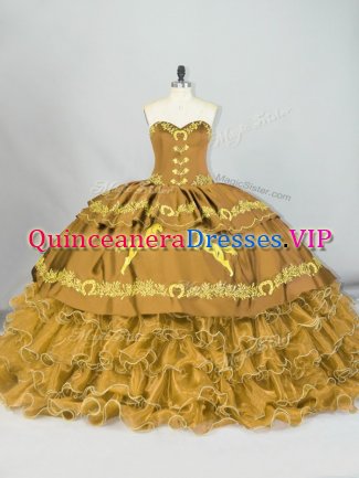 Hot Selling Embroidery and Ruffled Layers Quinceanera Dress Brown Lace Up Sleeveless Brush Train