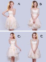 Artistic Champagne Organza Lace Up Vestidos de Damas Sleeveless Mini Length Lace and Ruffles and Belt