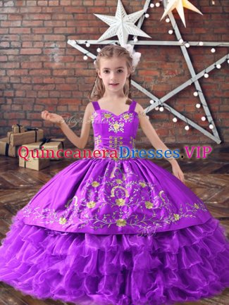 Affordable Floor Length Lavender Custom Made Pageant Dress Satin and Organza Sleeveless Embroidery and Ruffled Layers