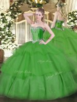 Cheap Green Tulle Lace Up Sweetheart Sleeveless Floor Length Vestidos de Quinceanera Beading and Ruffled Layers